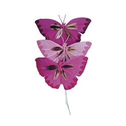 3 papillons en plumes 6 cm teintes ros