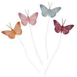 4 papillons en plumes 6,5cm sur pique